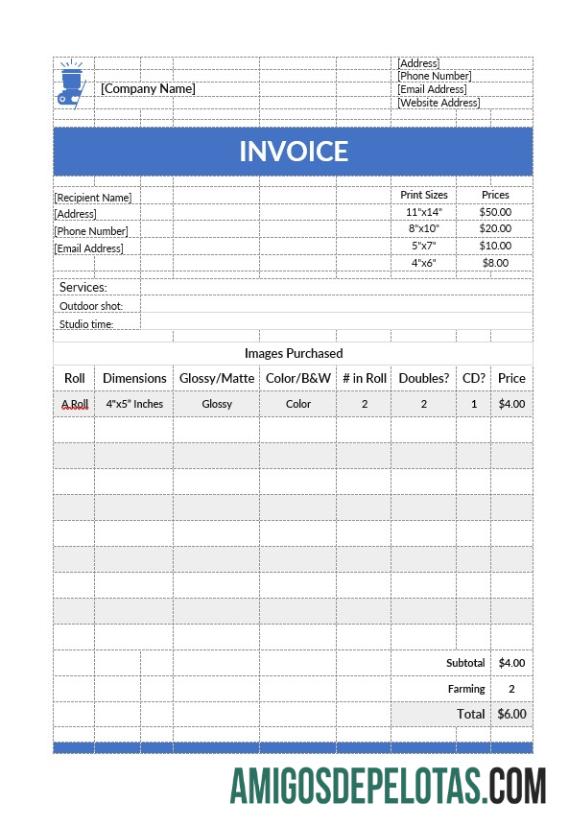imprimível Modelo de fatura de fotografia simples
